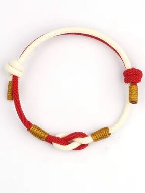 Red & Cream Knot Rope Bracelet with Gold Accents